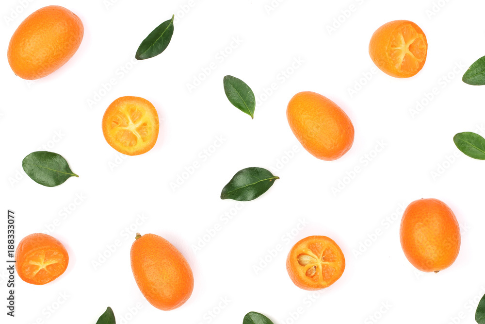 Cumquat or kumquat with half isolated on white background. Top view. Flat lay pattern Cumquat or kumquat with half isolated on white background. Top view. Flat lay pattern