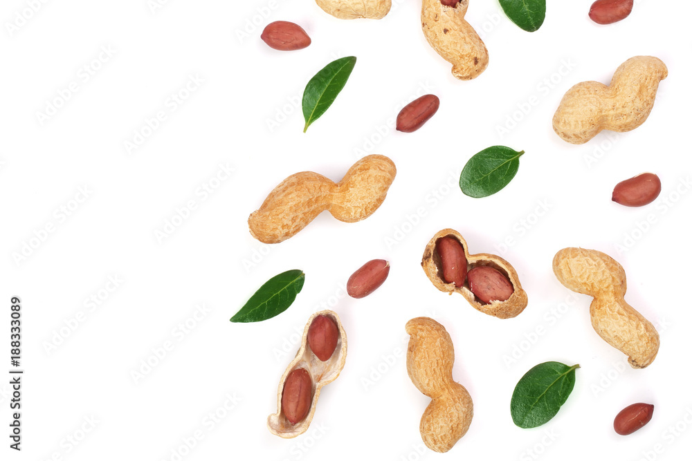 Peanuts with shells isolated on white background with copy space for your text, top view. Flat lay pattern Peanuts with shells isolated on white background with copy space for your text, top view. Flat lay pattern