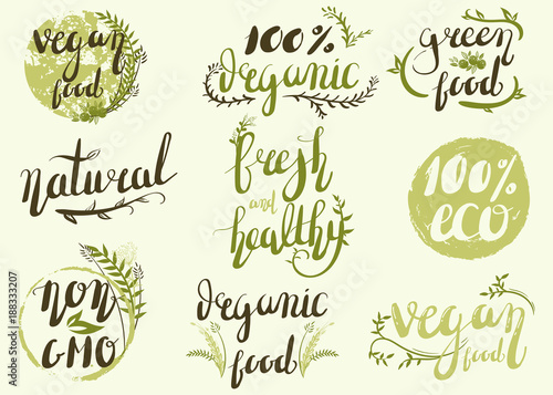 Natural organic labels. Organic food stickers and elements.Hand-lettering 