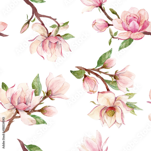 Watercolor magnolia floral vector pattern