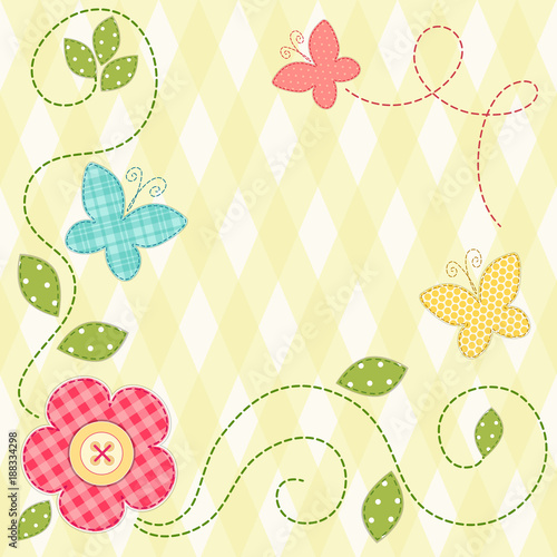 Cute retro spring card as patch fabric applique of flowers and butterflies