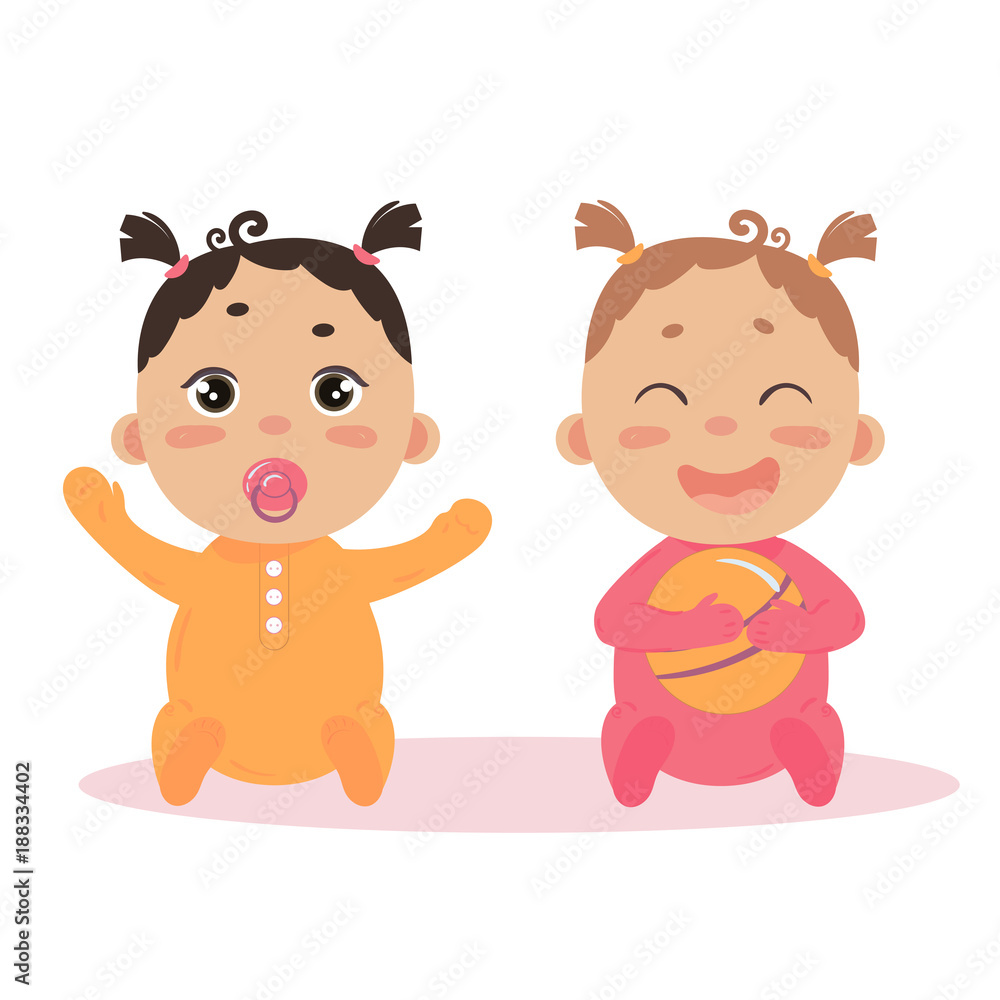 Newborn baby girl twins in long sleeved footies and scratch mittens. Sitting with nipple and ball. Cute little children in pink and orange isoalted on white background Newborn baby girl twins in long sleeved footies and scratch mittens. Sitting with nipple and ball. Cute little children in pink and orange isoalted on white background