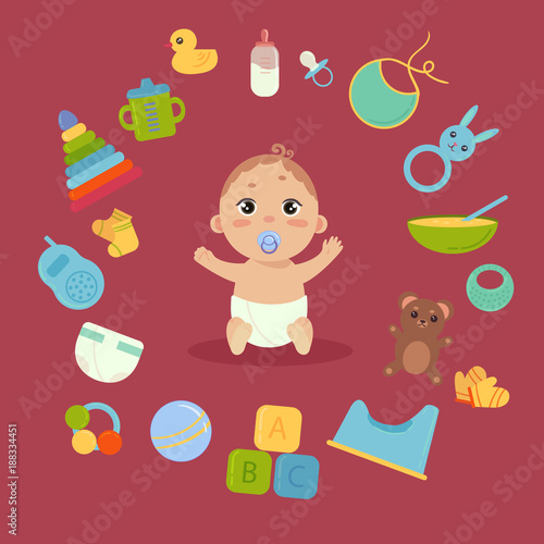 Set with cute little baby in diaper and nibble with newborn essentials in circle around. Babyboy and many elements and toys. Comforter, monitor, teddy bear, toilet, etc. Boy infant. Colorful vector.