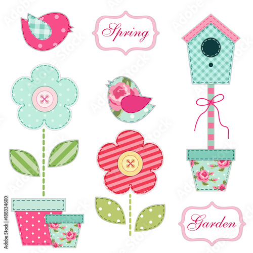 Cute retro spring and garden elements as fabric patch applique of bird house, flowers in pots and birds