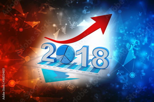 business graph with arrow up and 2018 symbol, represents growth in the new year 2018, three-dimensional rendering, 3D illustration