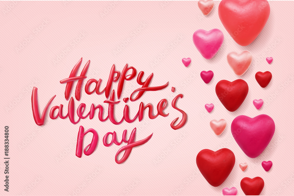 Happy Valentines Day Vector Lettering and 3d hearts on pink background. Love greeting card design.