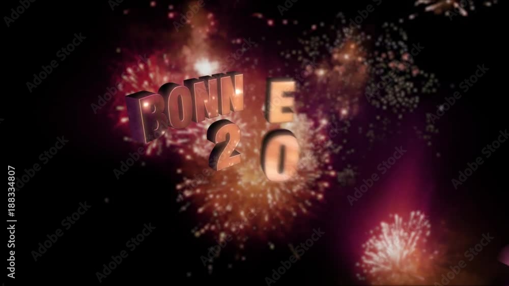 Seamless looping fireworks with the 3d animated text “Bonne Année 2025” in 4K resolution