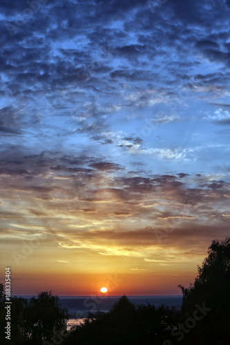 In the evening, see the red sun beside the shade of trees.