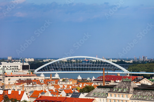 Bratislava City Skyline With Apollo Bridge In Slovakia photo