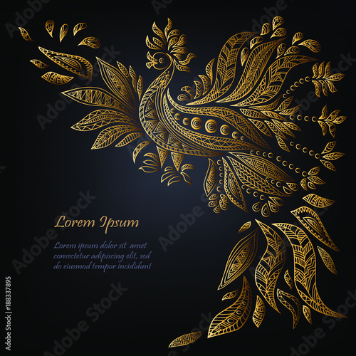 Template with Golden ethnic bird isolated on black background. Vector illustration.