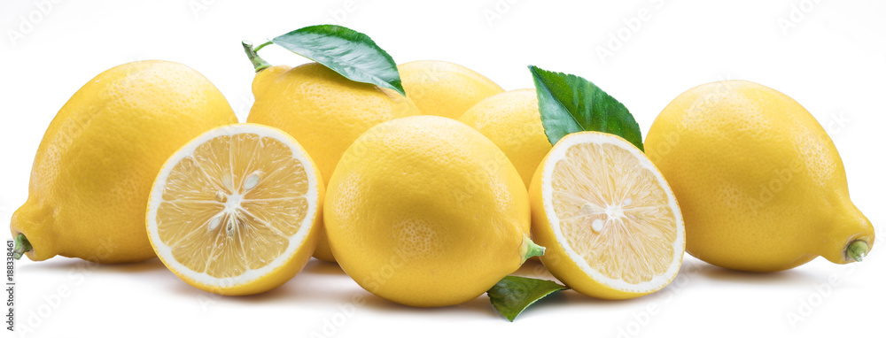 Fototapeta premium Group of lemon fruits with lemon leaves on the white background.