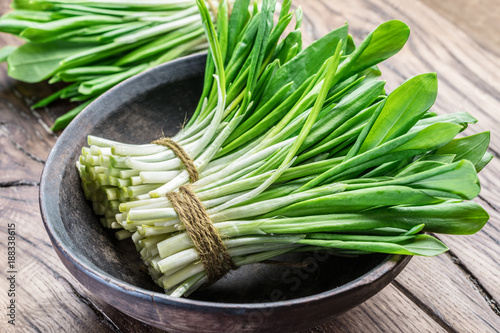 Young fresh wild garlic on the wooden table.