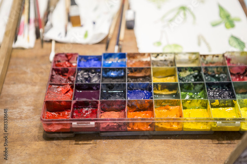 Colorful Paint palette on the artist table