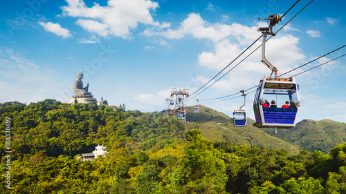 Ngong Ping cable car with big buddha statue in background, Hong Kong China photo