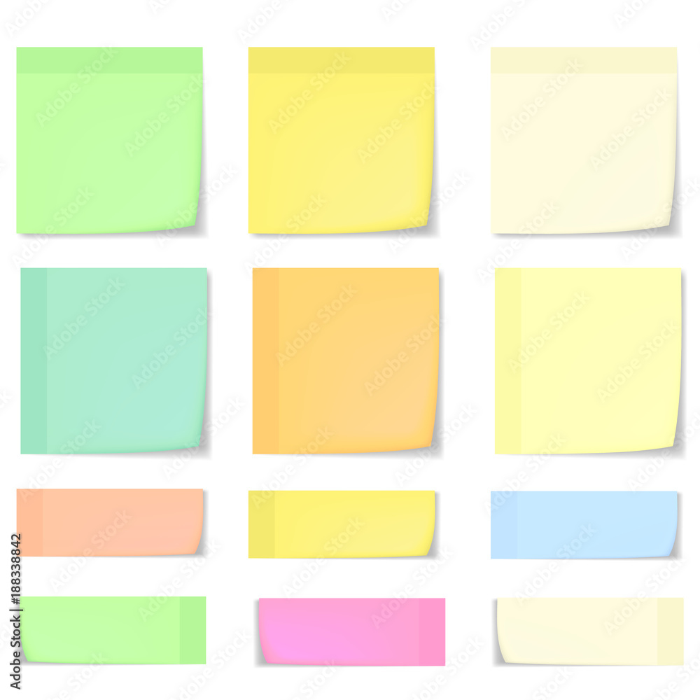 Big set of realistic blue, pink, yellow, green and white memo stickers with shadow and curled corner mockup. Vector colorful sticky notes paper sheets templates, reminders