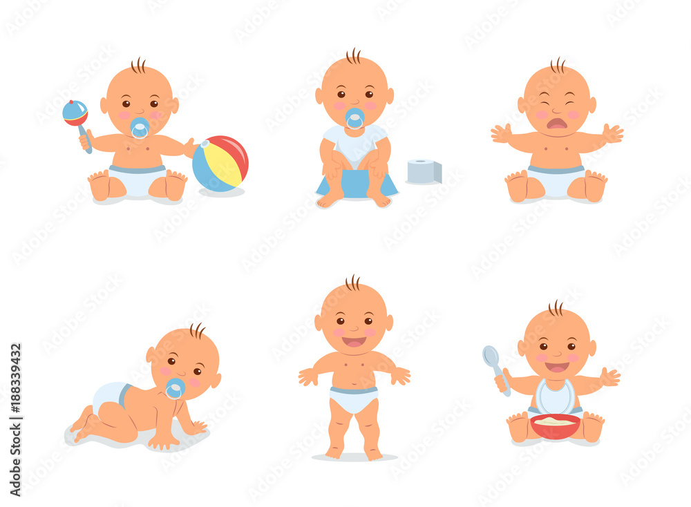 Cartoon set with cute little babies in diaper. Happy toddler plays with toy, child learning to walk, baby crying, child sits on potty, toddler crawling on the floor. Vector illustration in flat style. Cartoon set with cute little babies in diaper. Happy toddler plays with toy, child learning to walk, baby crying, child sits on potty, toddler crawling on the floor. Vector illustration in flat style.