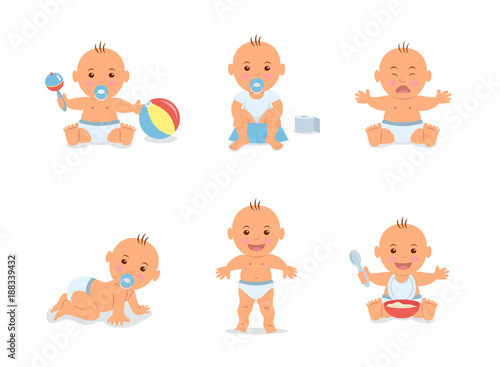 Cartoon set with cute little babies in diaper. Happy toddler plays with toy, child learning to walk, baby crying, child sits on potty, toddler crawling on the floor. Vector illustration in flat style.