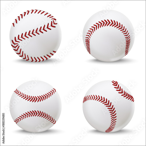Realistic Detailed 3d Baseball Leather Ball Set. Vector