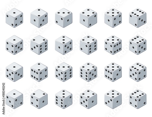 Set 24 authentic icons of dice in all possible turns. Twenty four variants loss dice. White game cubes isolated on white background. Board games dice in 3D view. Vector isometric illustration.