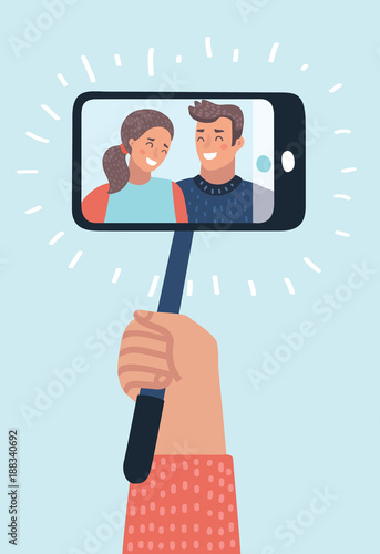 Portrait of smiling young couple on smartphone. Selfie stick monopod. 
