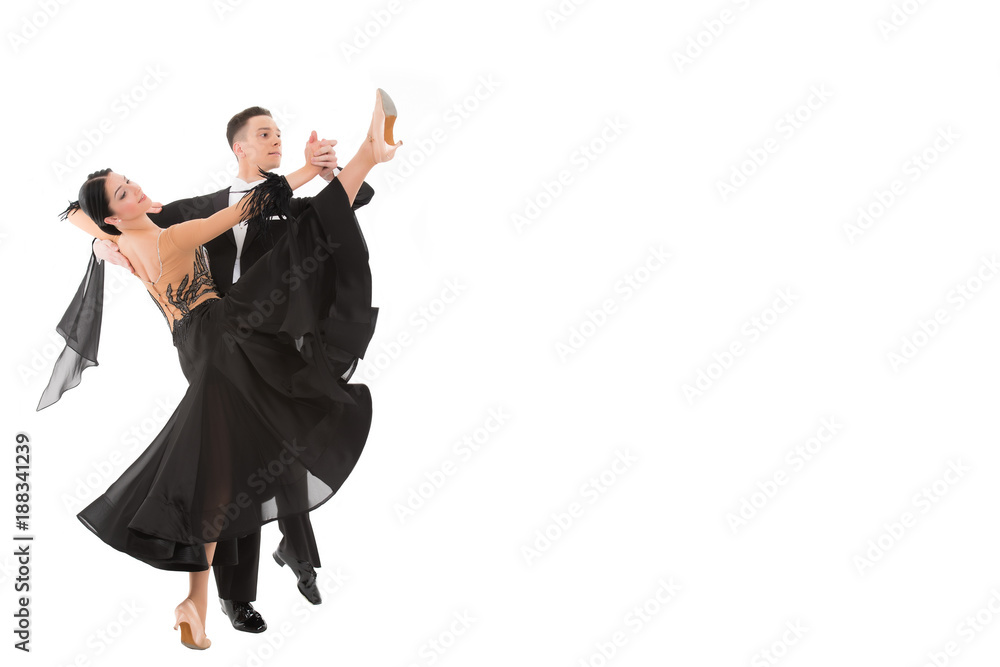 ballroom dance couple in a dance pose isolated on white - obrazy, fototapety, plakaty 