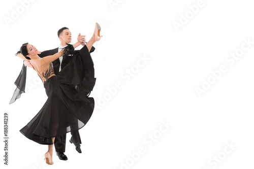 ballroom dance couple in a dance pose isolated on white