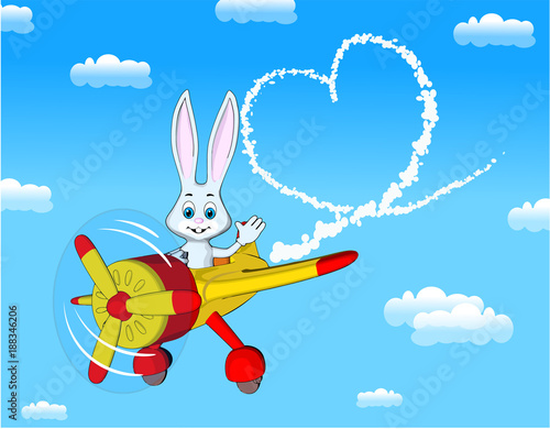 blue sky inversion trail symbol heart love courage aerobatics clouds postcard valentines day 
airplane toy rabbit  pilot cartoon style yellow red color white background isolate technics air 