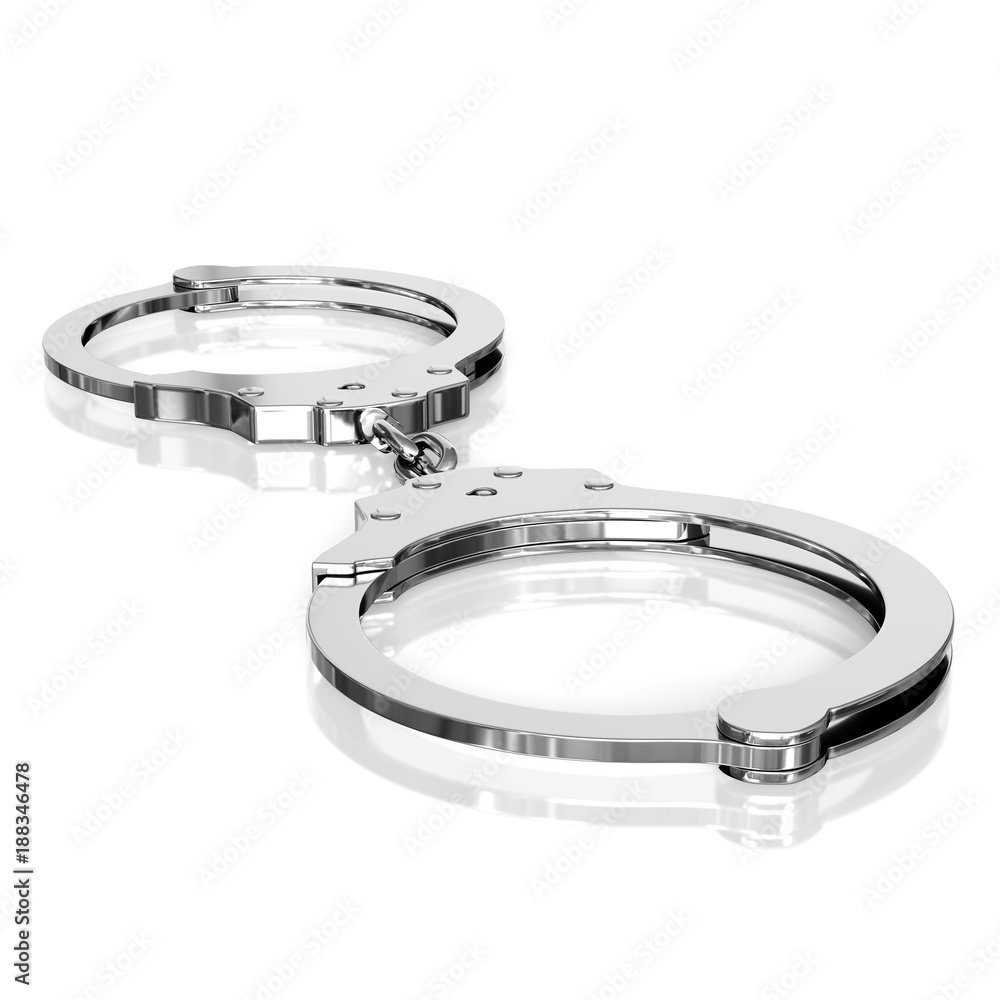 Isolated chrome Handcuffs on an Unmarked Light Background With Reflection Isolated chrome Handcuffs on an Unmarked Light Background With Reflection