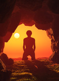 Boy praying in the cave.3d render