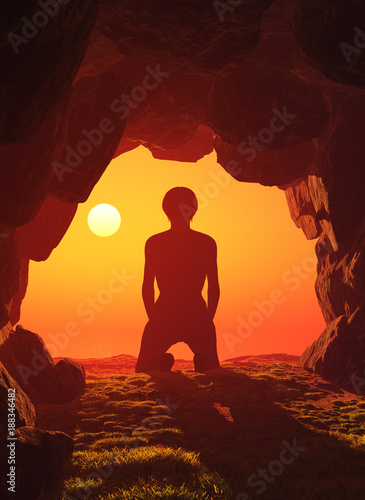 Boy praying in the cave.3d render