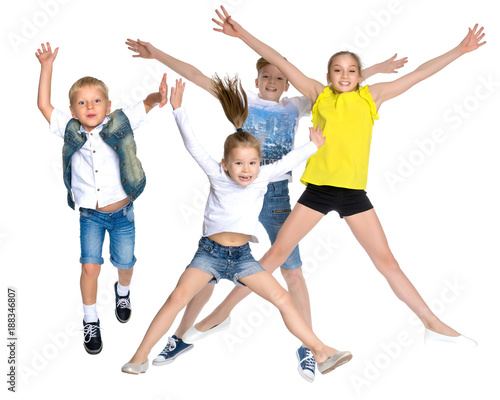 Collage, happy children jump