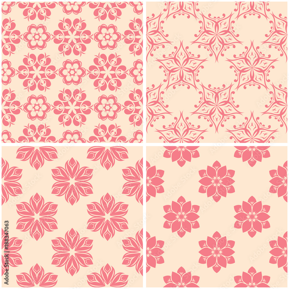 Floral patterns. Set of beige and red seamless backgrounds Floral patterns. Set of beige and red seamless backgrounds