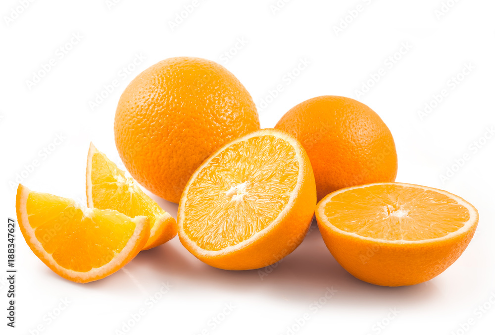 Whole orange fruits and orange fruit slices isolated on white background cutout Whole orange fruits and orange fruit slices isolated on white background cutout