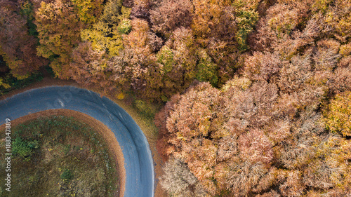 Aerial view of road in the mountains with serpentine going through the red trees