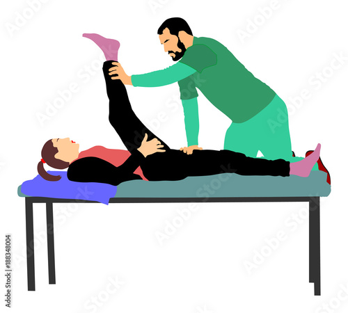 Physiotherapist and patient exercising in rehabilitation center, vector illustration. Doctor supports sports woman during physiotherapy treatment. Physical exercises massage and chiropractic.