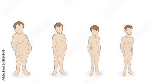 men weight loss. different stages of completeness. healthy lifestyle. proper nutrition. vector illustration. 