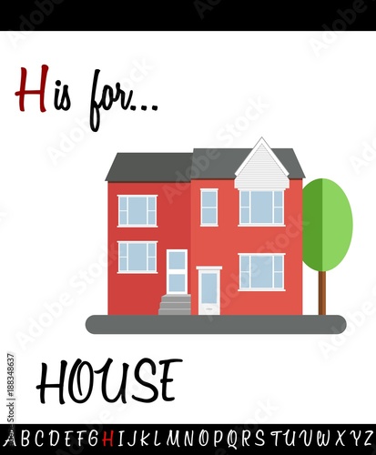 Illustrated vocabulary worksheet card with cartoon HOUSE