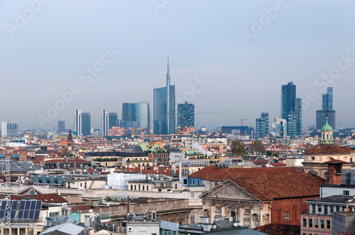 Panoramic view of Milan business district from the observation deck Duomo di Milano.