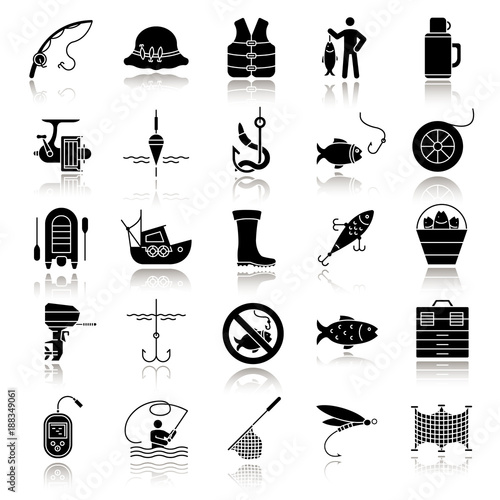 Fishing drop shadow black glyph icons set