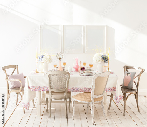 decorative white dining room and frames white details background © UnitedPhotoStudio