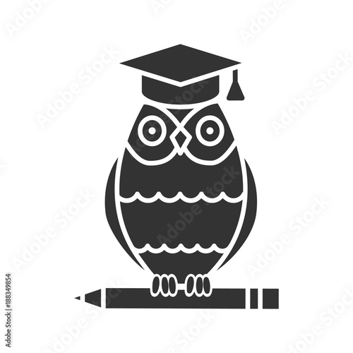 Owl in graduation cap on pencil glyph icon