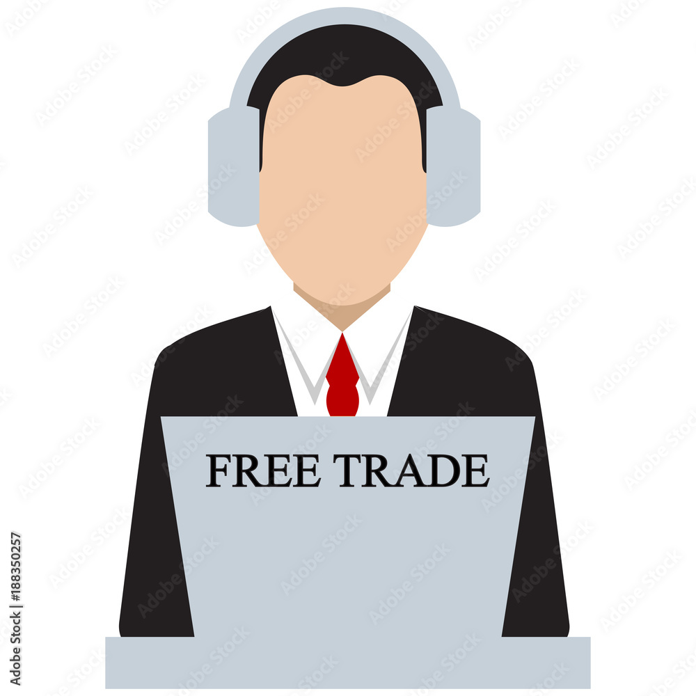Businessman in headphones. Business illustration with the inscription:free trade Businessman in headphones. Business illustration with the inscription:free trade