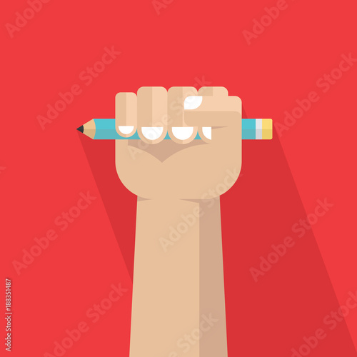 A clenched fist hand holding a pencil 