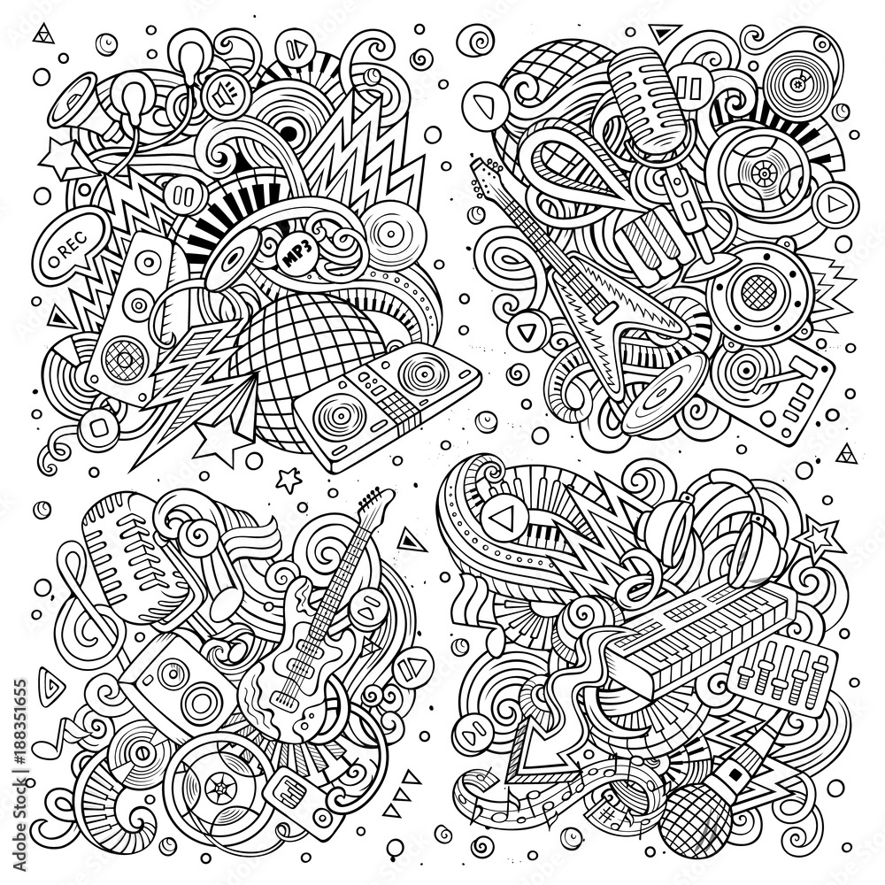 Vector doodles cartoon set of disco music objects combinations Vector doodles cartoon set of disco music objects combinations