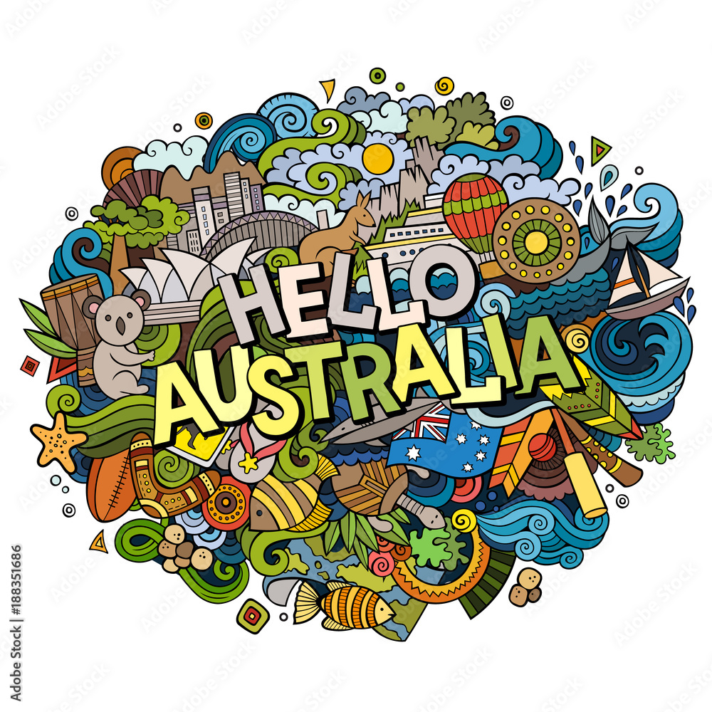 Cartoon cute doodles hand drawn Hello Australia inscription