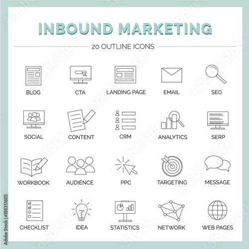 Inbound Marketing - 20 Vektor Icons with Blog, Social Media, CTA, Landing Page, CRM, Content, Email, SEO
