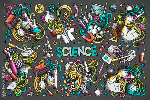 Vector cartoon set of Science theme objects and symbols