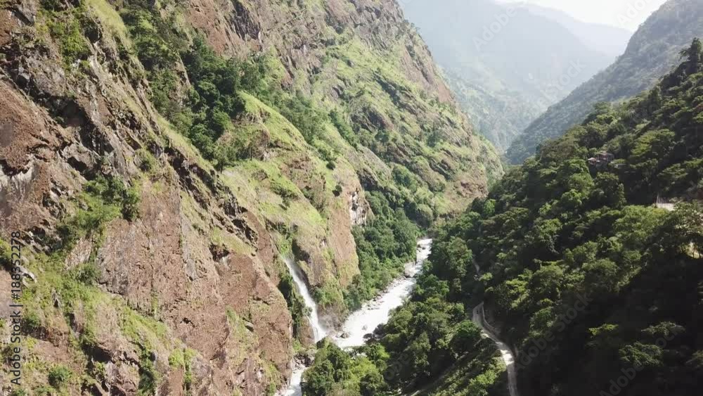 Waterfall in Himalayas range Nepal from Air view from drone Waterfall in Himalayas range Nepal from Air view from drone