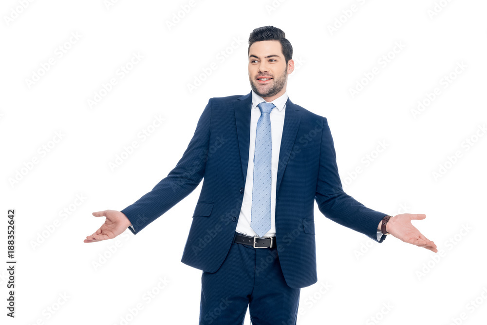 smiling businessman with shrug gesture, isolated on white smiling businessman with shrug gesture, isolated on white
