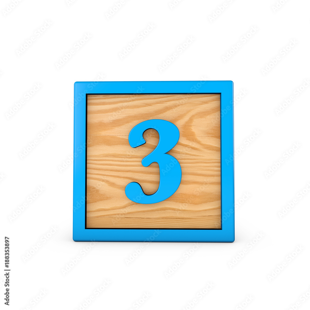 Number 3 wodden childrens toy alphabet block. 3D Rendering Number 3 wodden childrens toy alphabet block. 3D Rendering